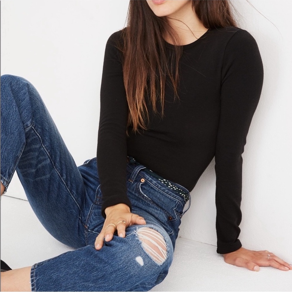 NWT Madewell Crewneck Long-Sleeve Thong Bodysuit in Black New With Tags